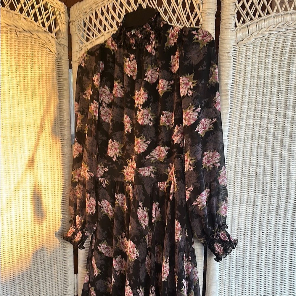 Black and Pink A-line Maxi Dress with Bishop Sleeves